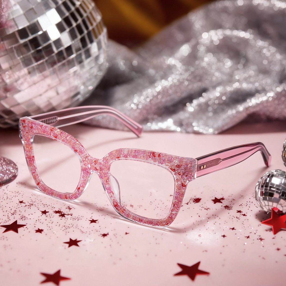 Renata Square Pink Glitter Glasses Frames for Women | ZEELOOL1