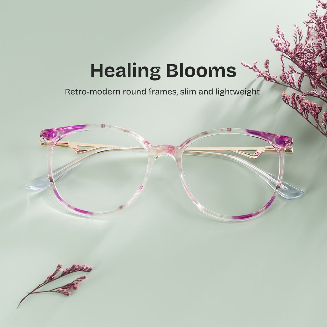 Chanty Floral Eyeglass Frames - Purple Round Mixed Glasses | ZEELOOL