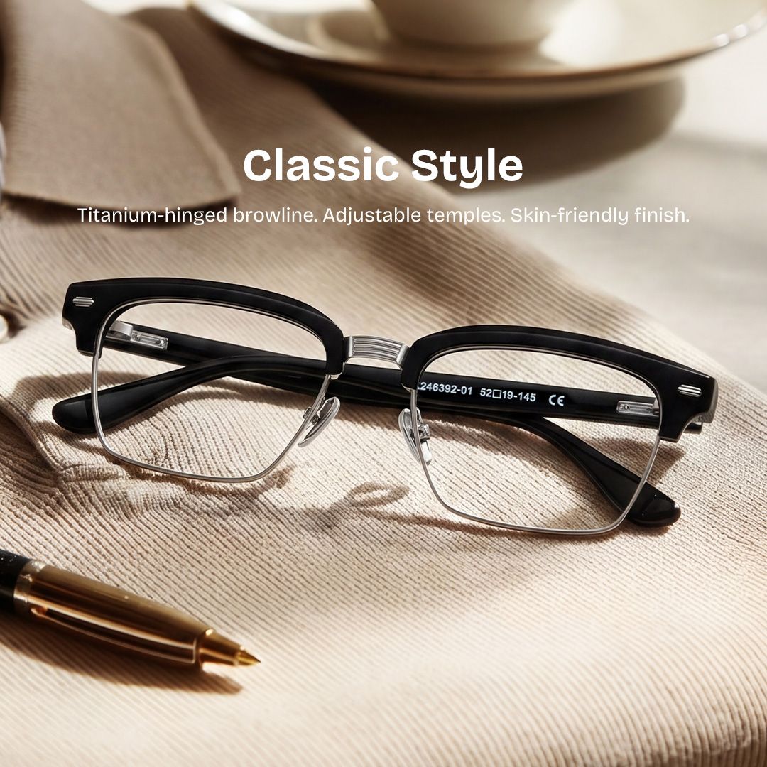 Landon Black and Silver Browline Glasses for Men | ZEELOOL0