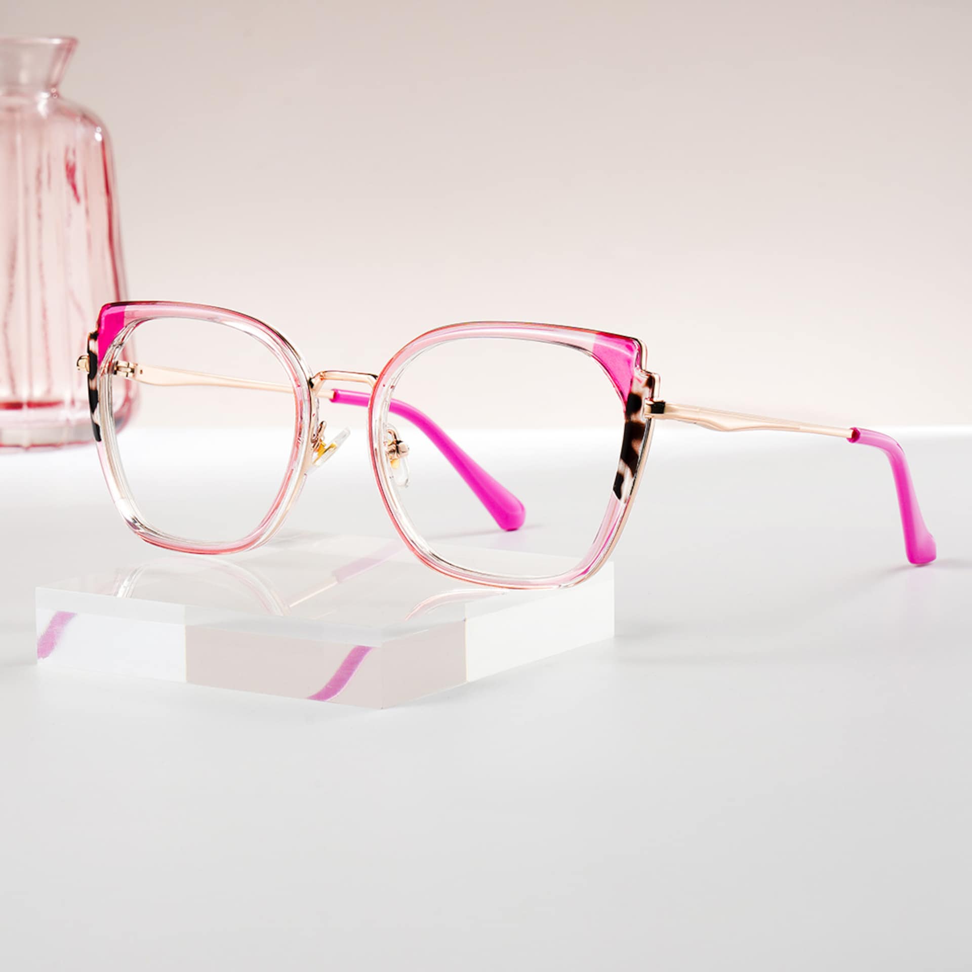 Pink Metal Frame Glasses With Wide Size For Women0
