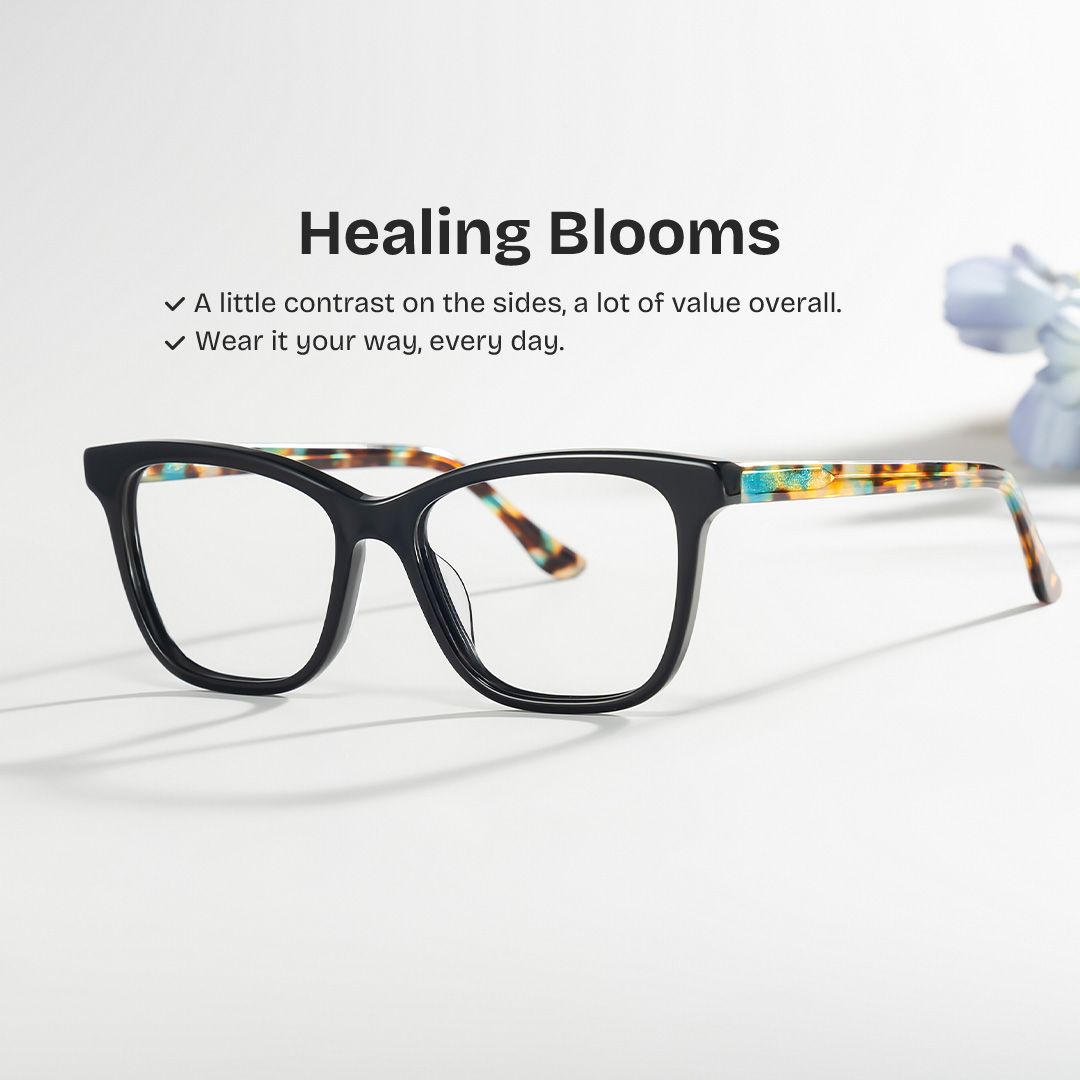 Faith Black Rectangle Reading Glasses with Flower Arms | ZEELOOL0