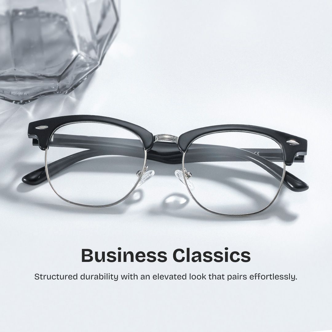 BrilaClassic　ブラックメガネ　ブラック×シルバー Hacker Browline Black Glasses | Zeelool Glasses