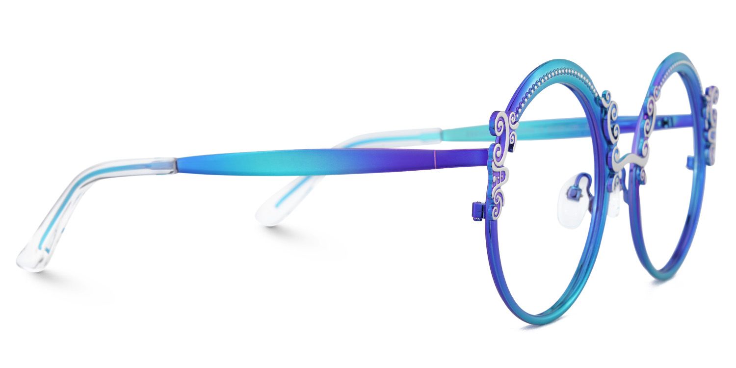 Blue Retro Round Glasses With Carved Floral Pattern5