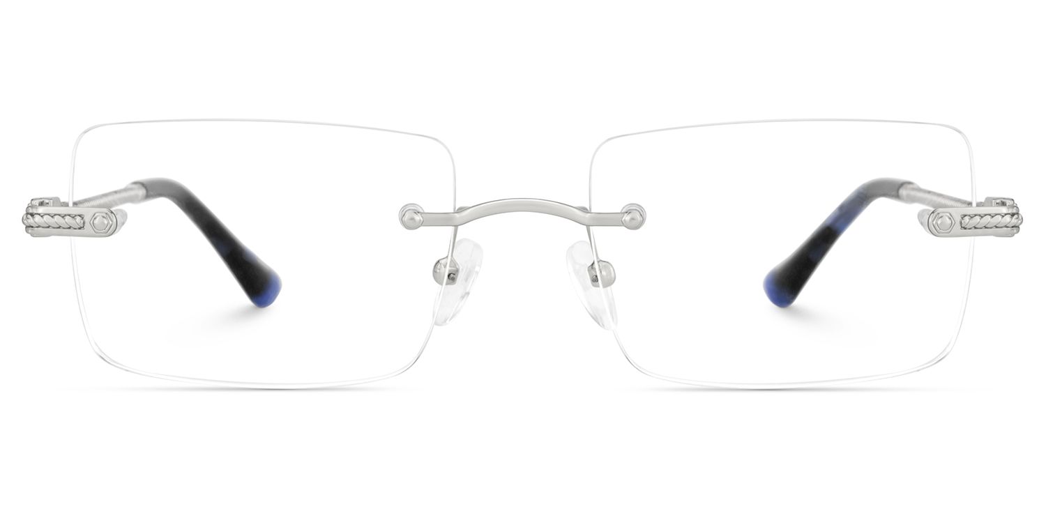 Peavy Silver Rectangle Rimless Eyeglass Frames with Nose Pads2