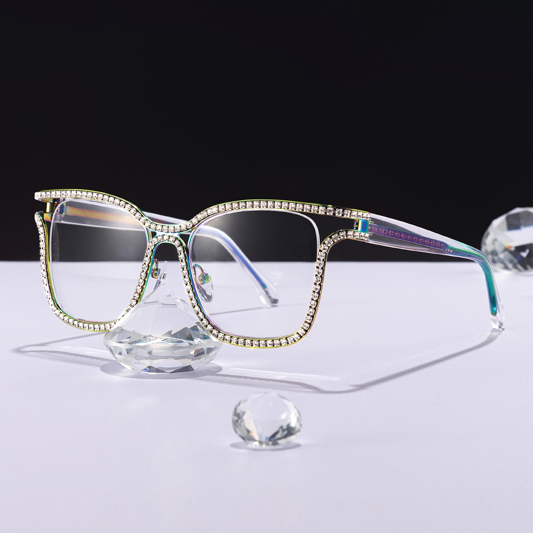 Half Rim Square Glasses With Decorated Shiny Diamonds0