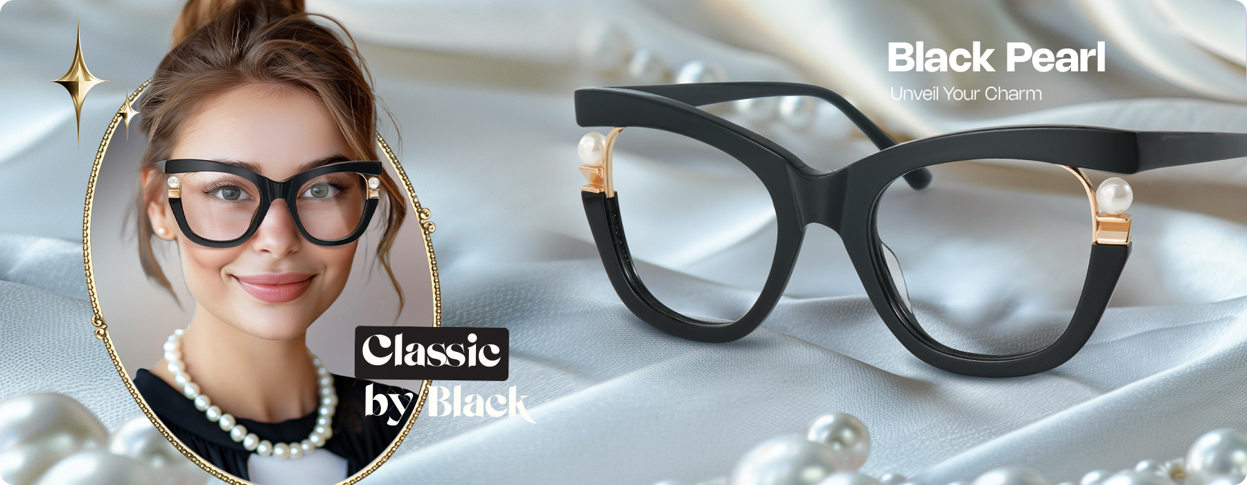 black glasses with pearl