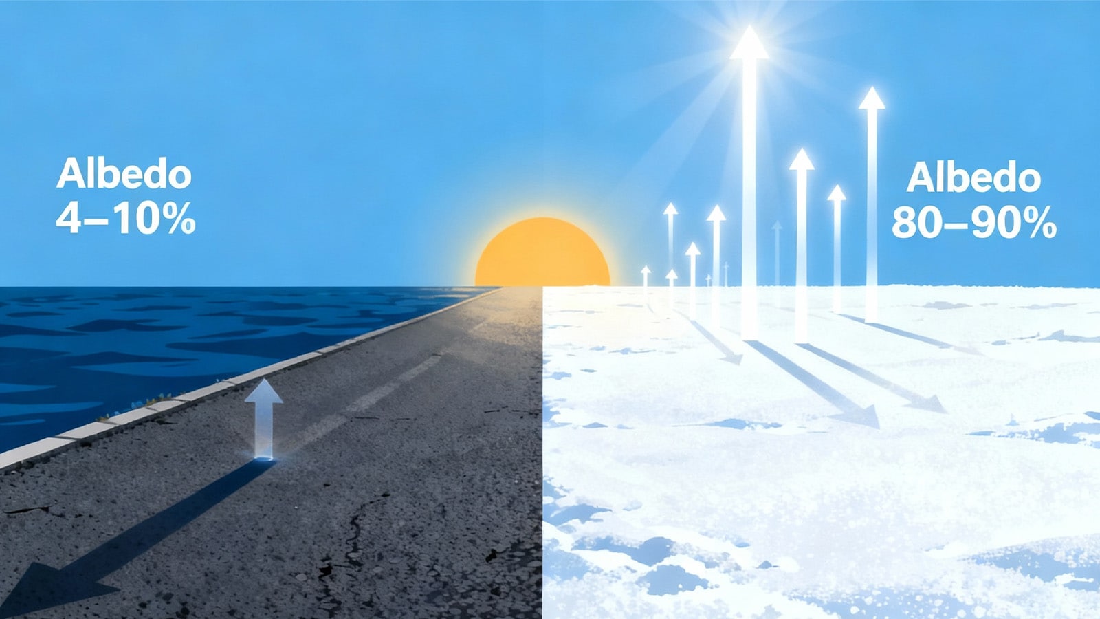 Infographic comparing the low UV reflection of asphalt to the high 90% reflection of snow.