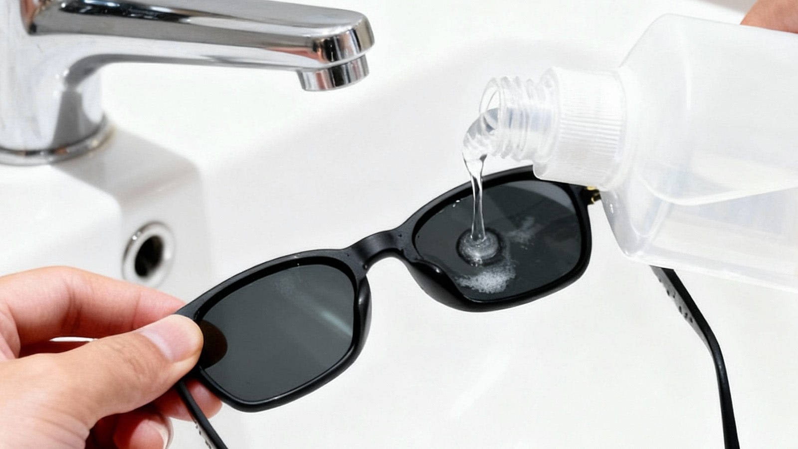 Applying mild dish soap to sunglasses lens for gentle cleaning under sink.