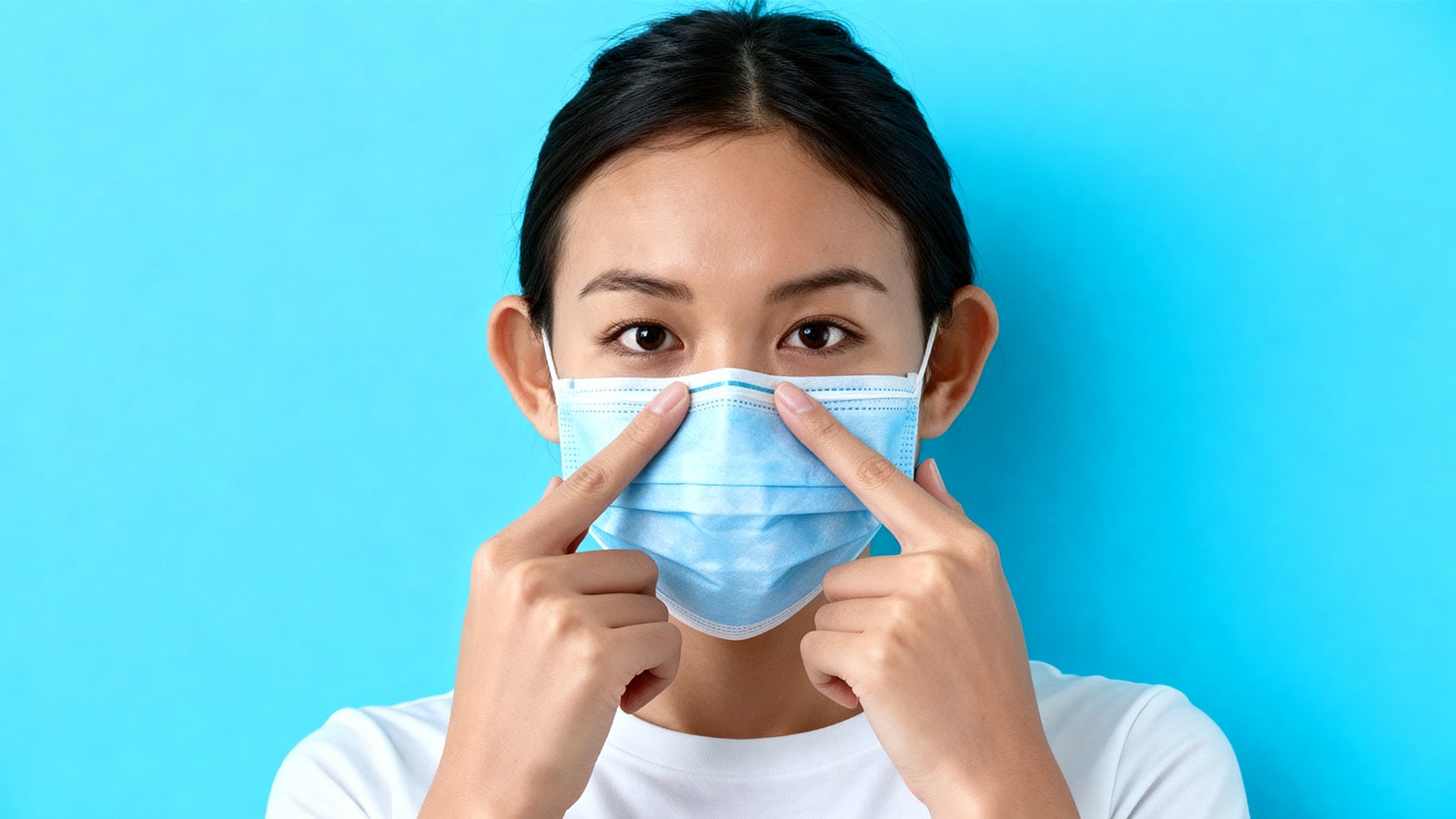 A woman pinches the nose wire on her face mask to get a tight seal and prevent her glasses from fogging.