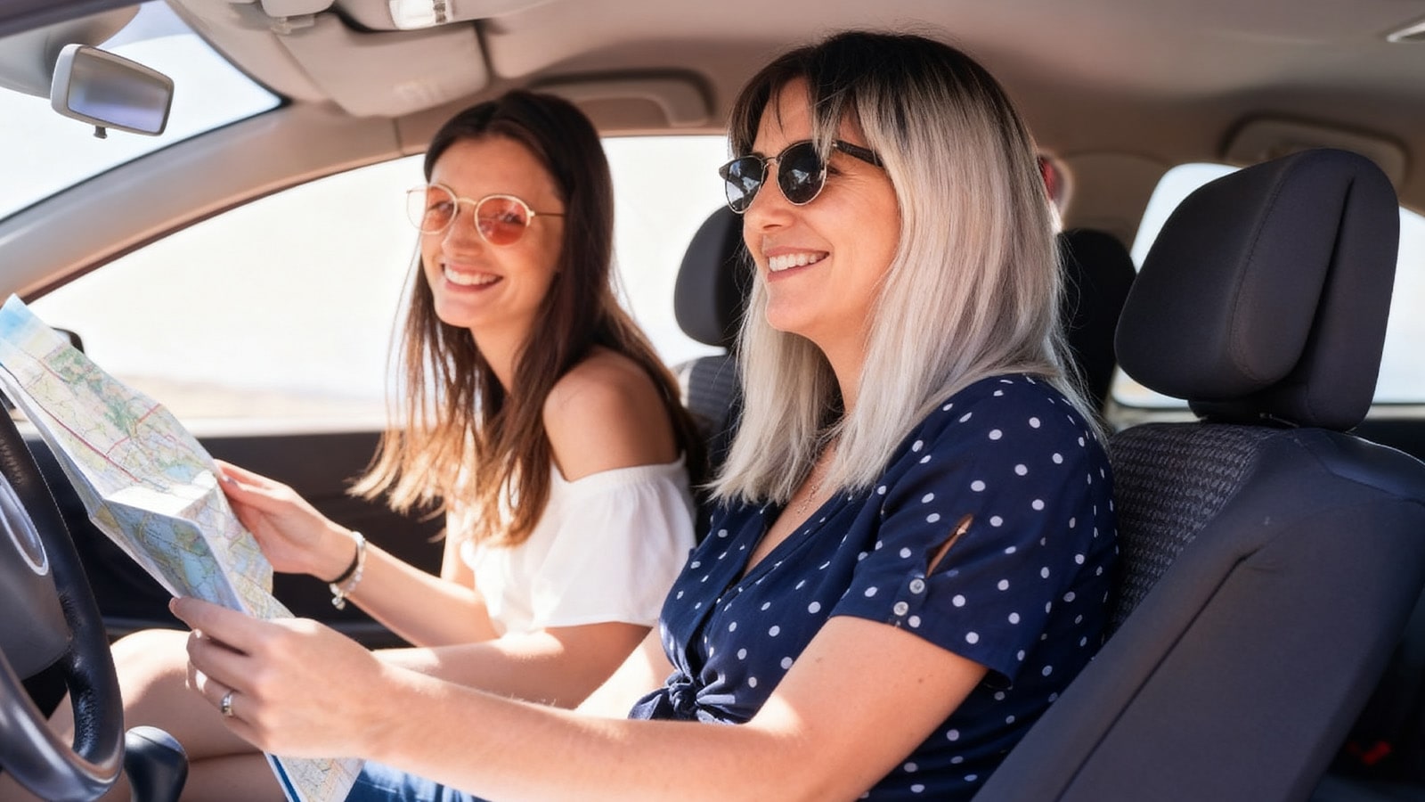 Two women in a car, with the driver wearing sunglasses, underscoring the blog's advice to avoid driving after an eye dilation appointment.