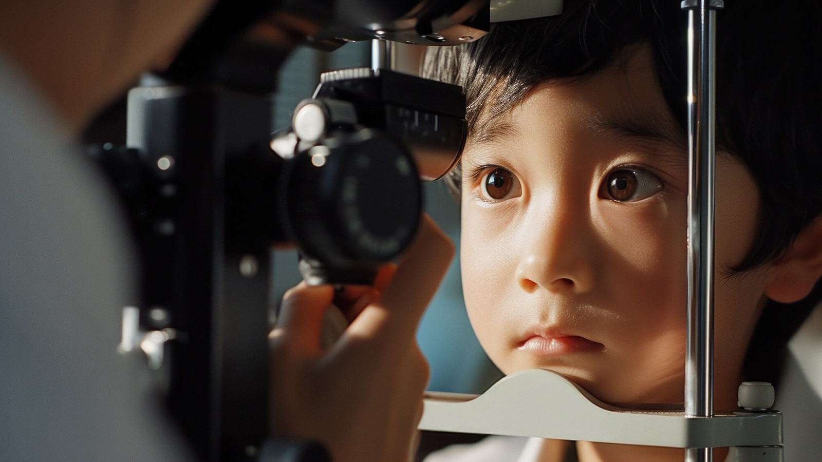 A child undergoes an eye exam with a doctor using specialized equipment to diagnose astigmatism in infants.