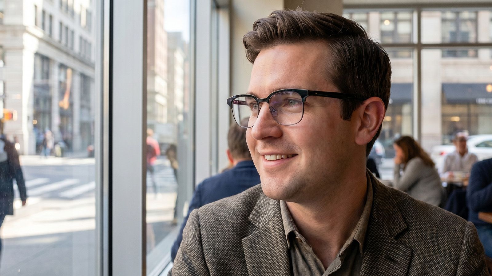 Man with round face wearing dark browline glasses indoors