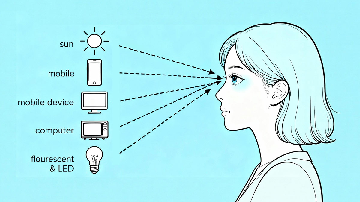 blue light - such as screens (phones, tablets, laptops, and TVs), LED lights and energy-saving bulbs