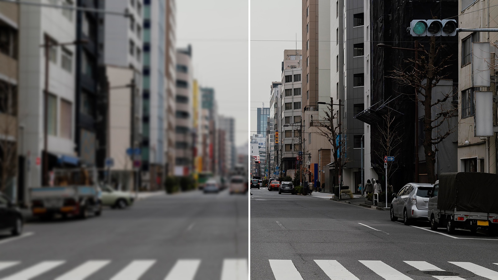 Street view split between blurry and clear vision, illustrating refractive errors like myopia, hyperopia, and astigmatism.