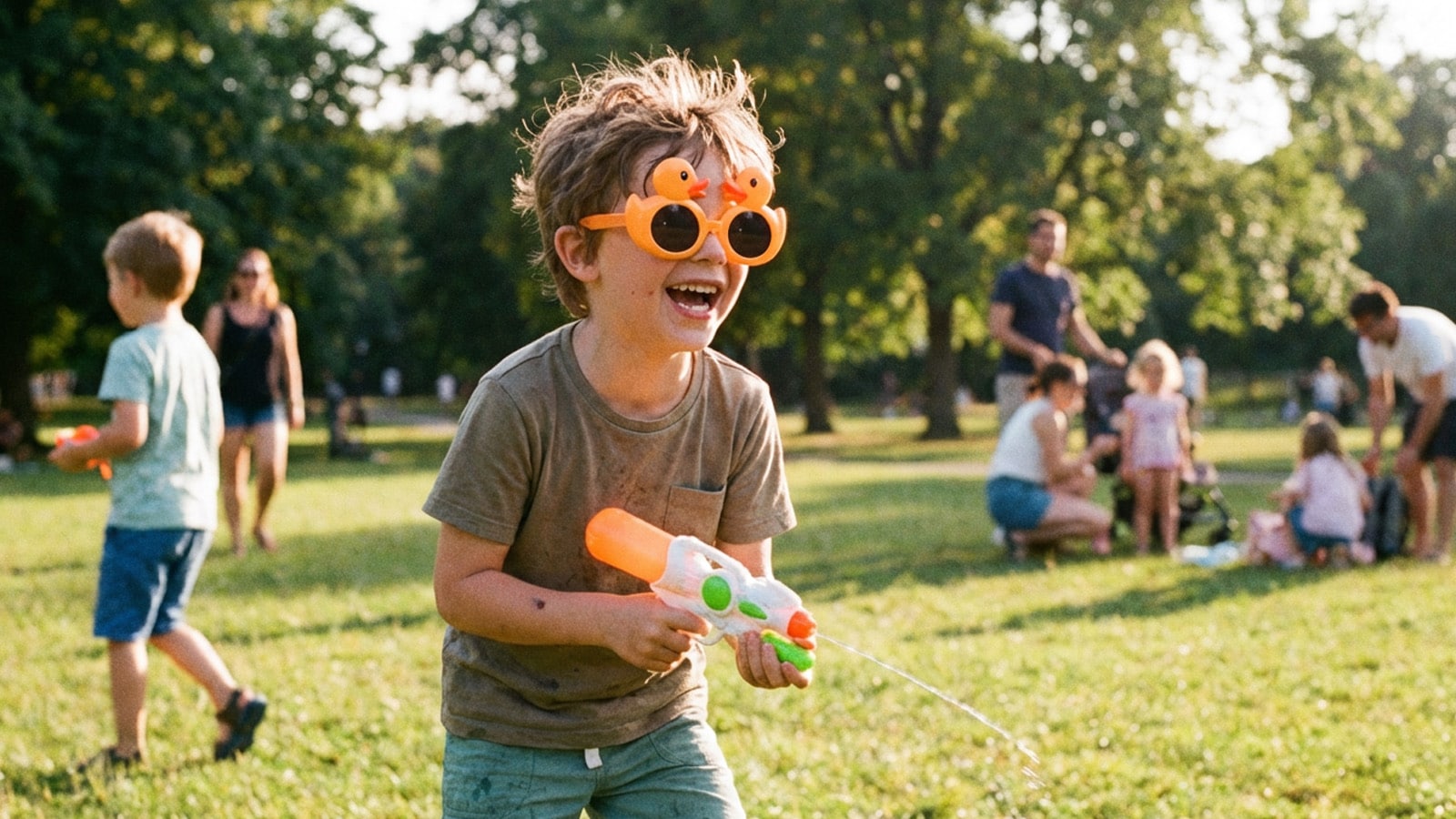 Boy wearing novelty duck sunglasses during outdoor play without UV protection