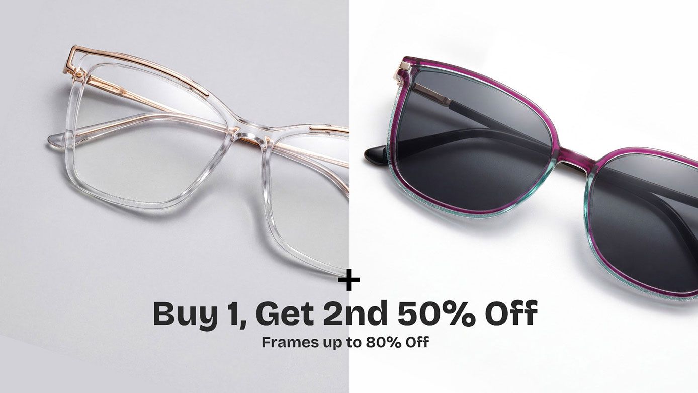 Two glasses styles linked by plus sign, Buy 1 Get 2nd 50% Off badge