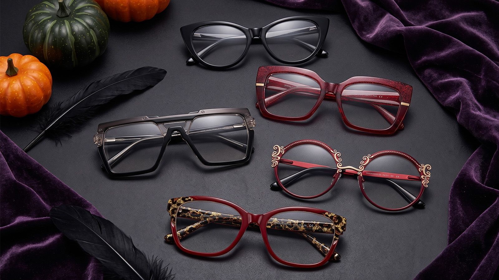 Cat-eye, geometric, red and black glasses for Halloween costume ideas