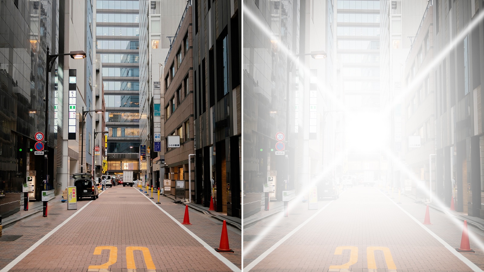 Street view showing glare and light halos, demonstrating cataract symptoms such as cloudy lens and vision problems.
