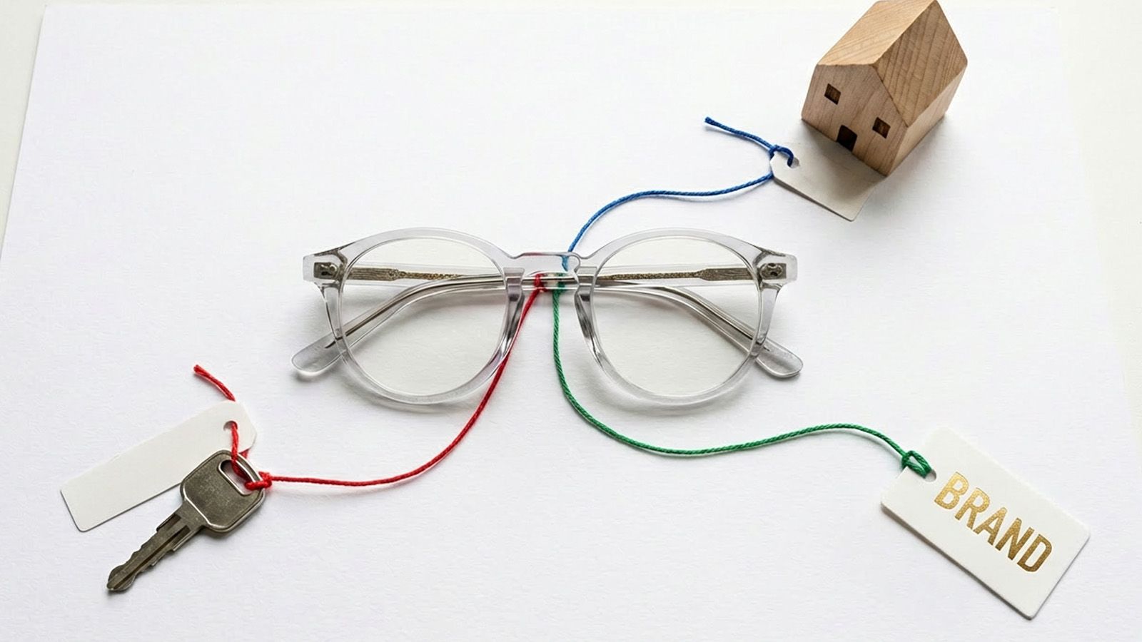 Transparent clear eyeglass frames tied with colorful strings and brand tag next to house key and miniature home model symbolizing affordable eyewear ownership.
