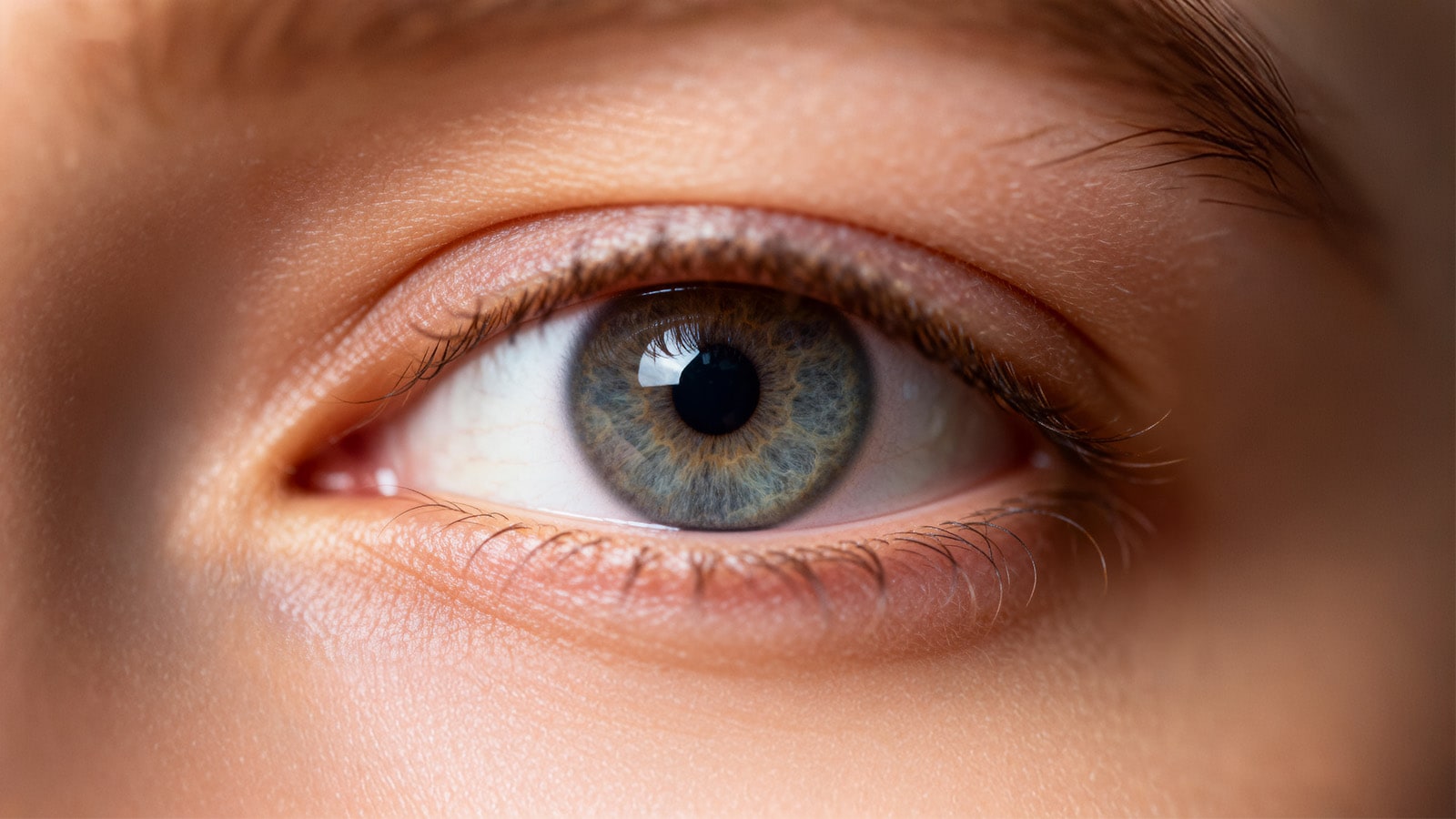 A close-up image of a human eye with a fully dilated pupil, illustrating the effects of the drops used during an eye exam.