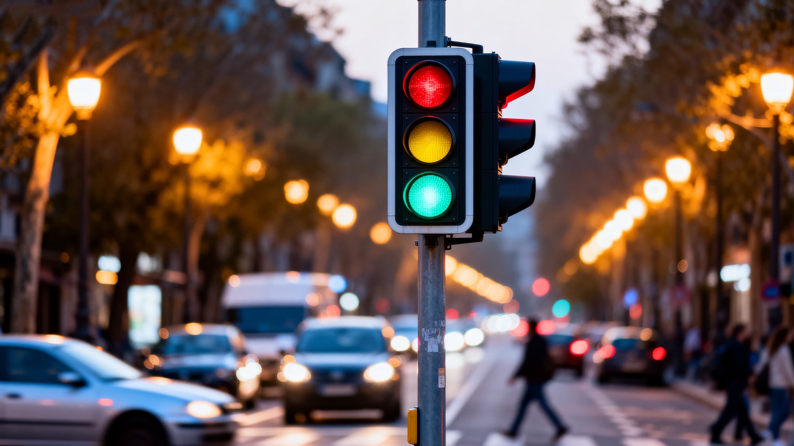 A traffic light on a street, used as an example for the DMV color vision test requirement.