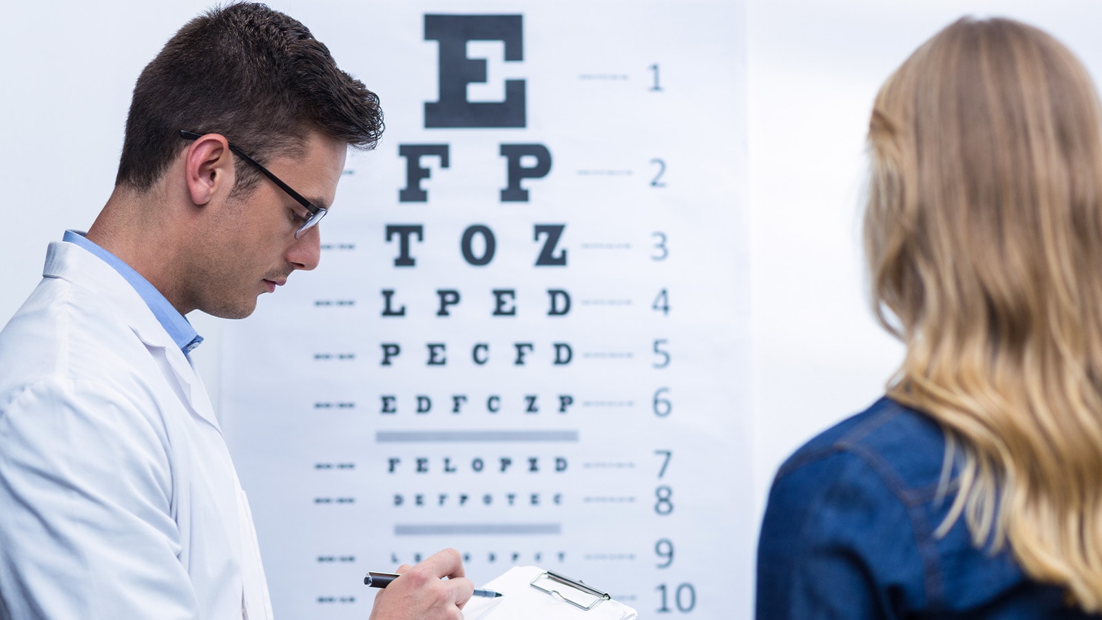 Optometrist performs an eye exam using a Snellen chart to check a patient's vision prescription for the DMV.