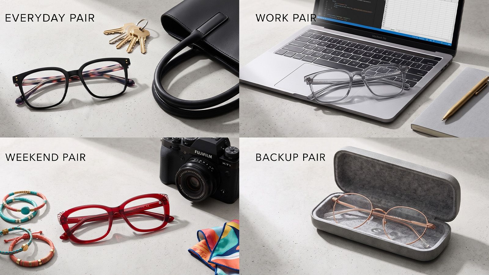 Everyday, work, weekend and backup glasses arranged by purpose