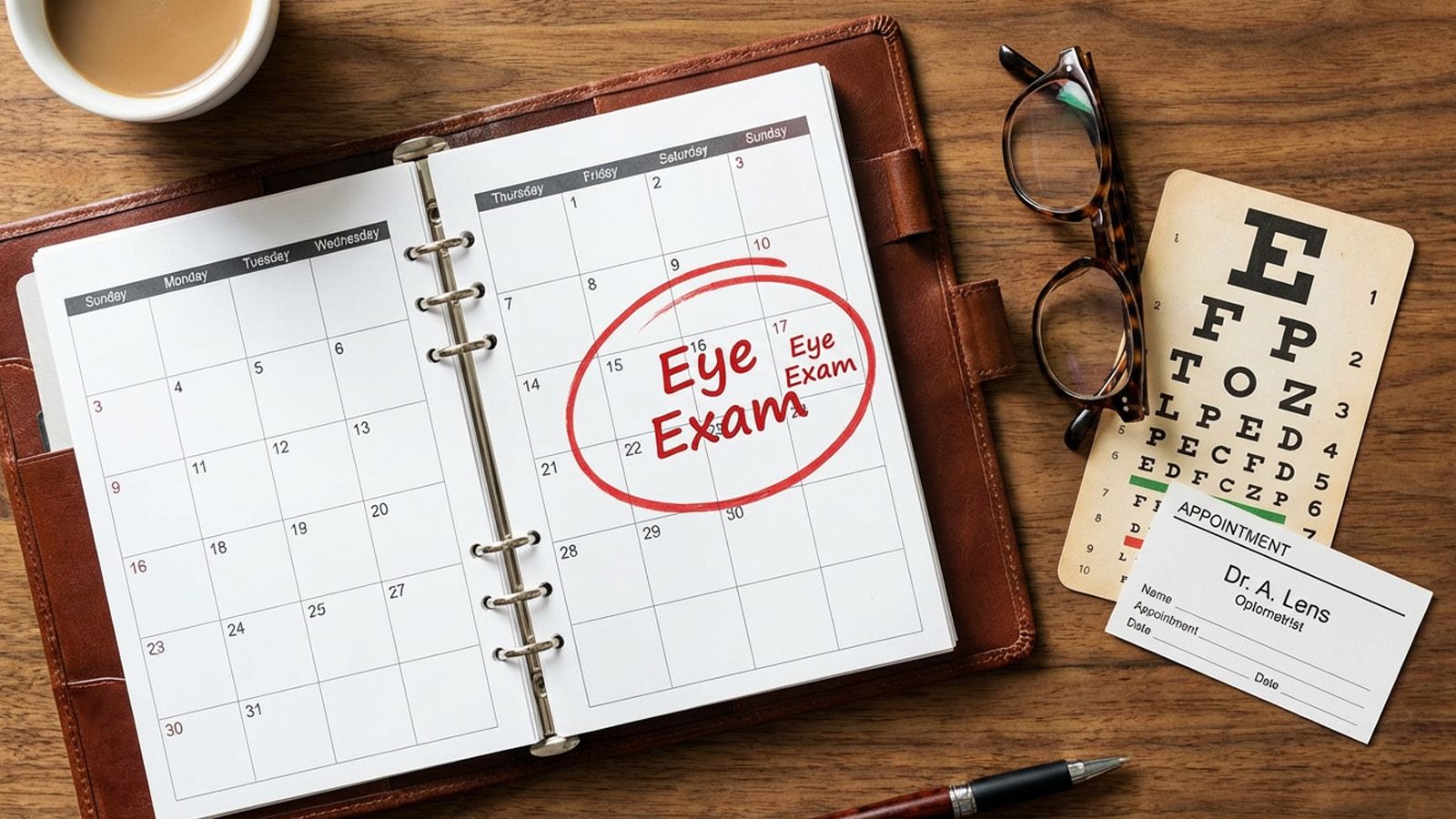 Open planner marked with circled eye exam appointment date next to prescription glasses and Snellen eye chart for regular vision check.