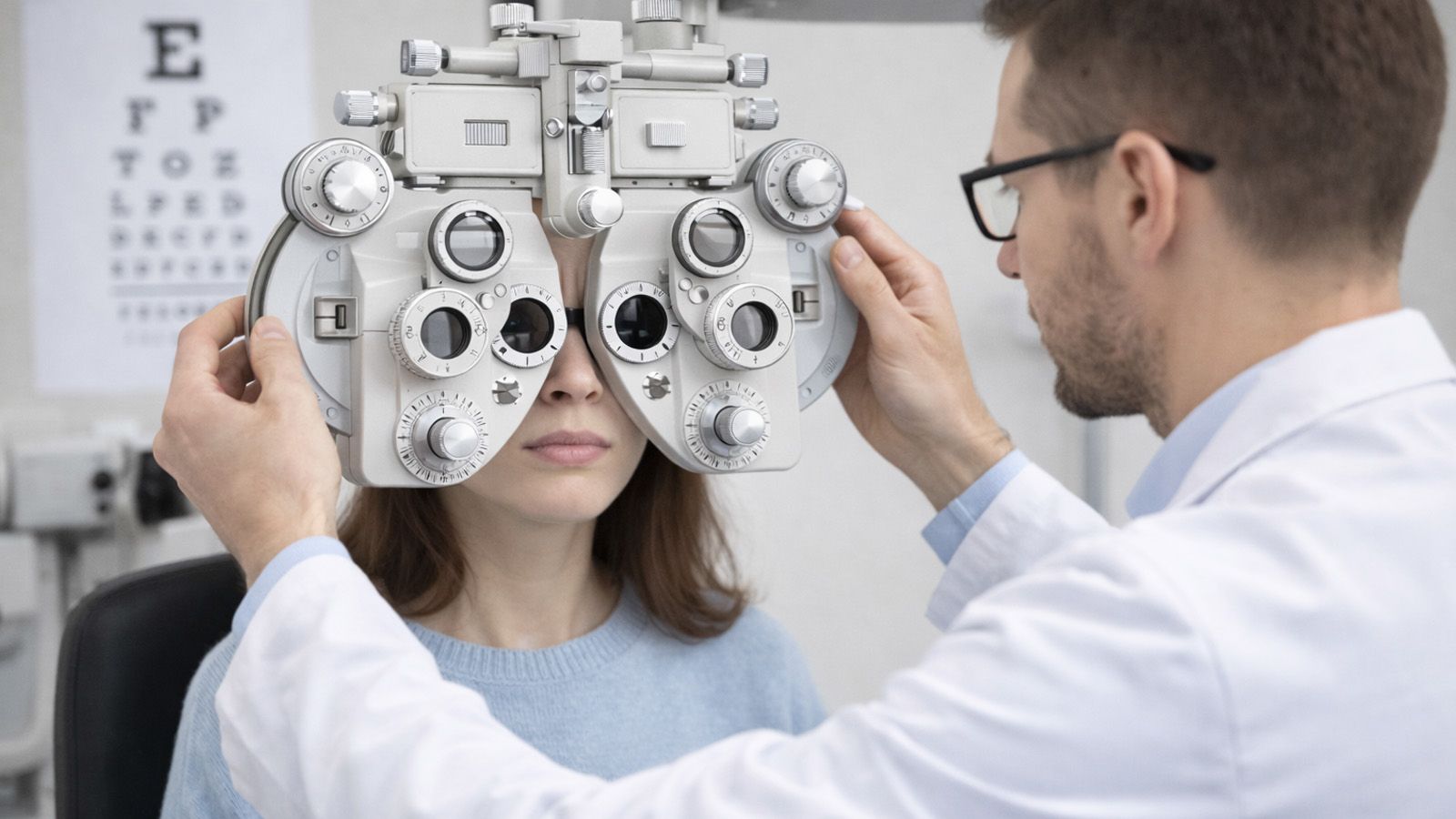 Optometrist performing an eye exam to diagnose different prescriptions in each eye.