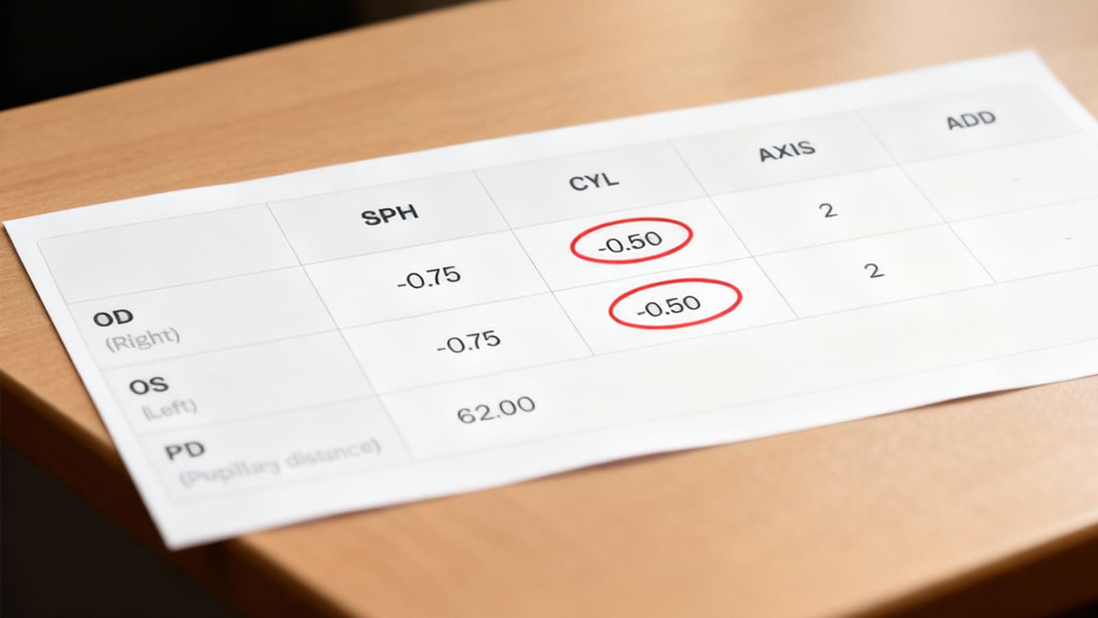 Close-up of eyeglass prescription showing CYL -0.50 for both eyes with red circles