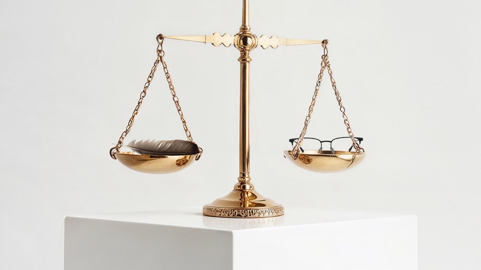 Gold balance scale comparing lightweight eyeglass frames to a feather, emphasizing featherlight glasses design.