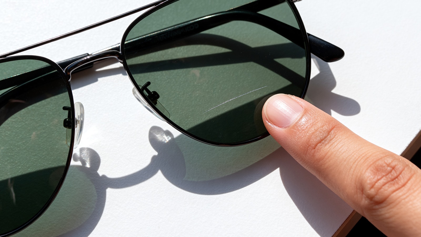 A close-up of a finger pointing to a visible scratch on a sunglass lens, illustrating common damage that needs repair.