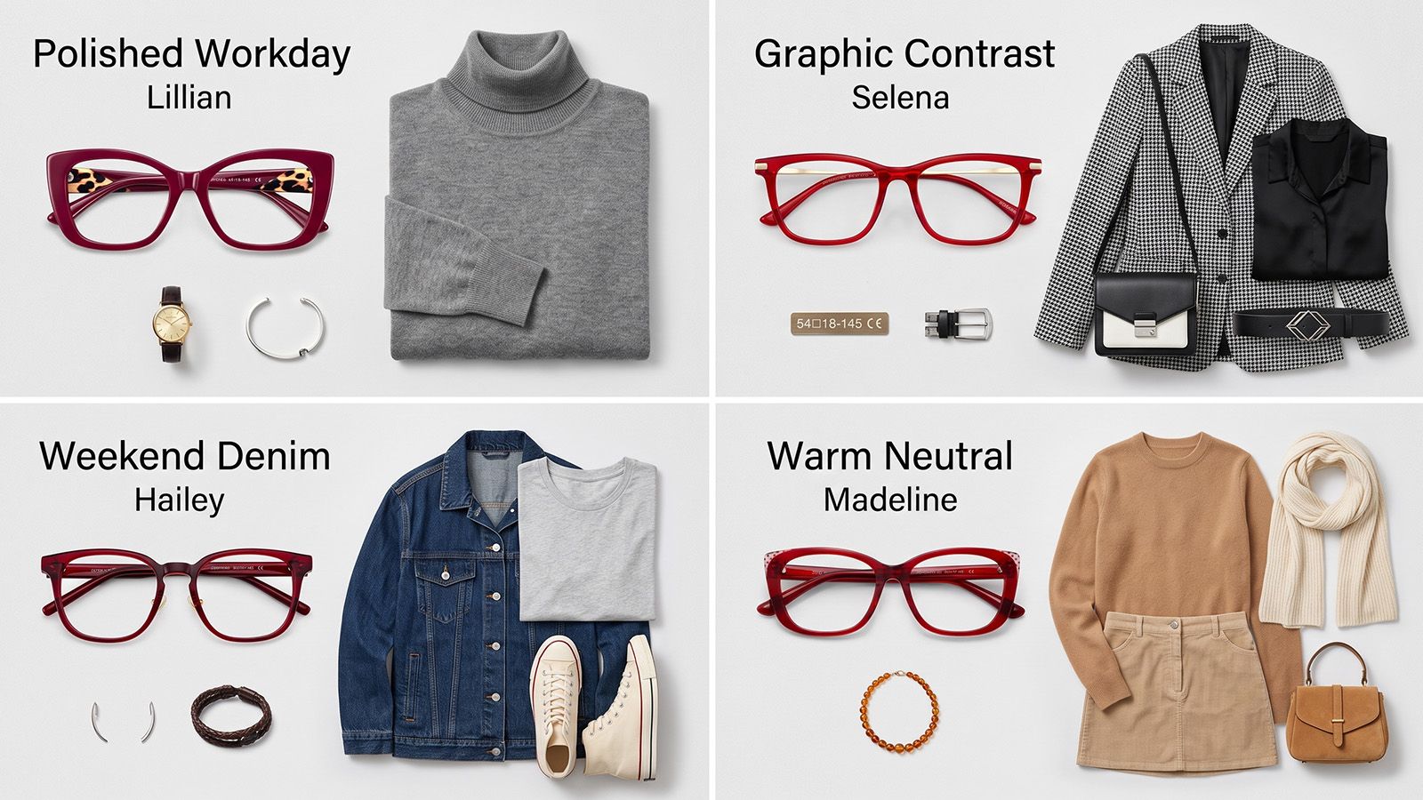 Four fall outfit combinations featuring red and burgundy glasses