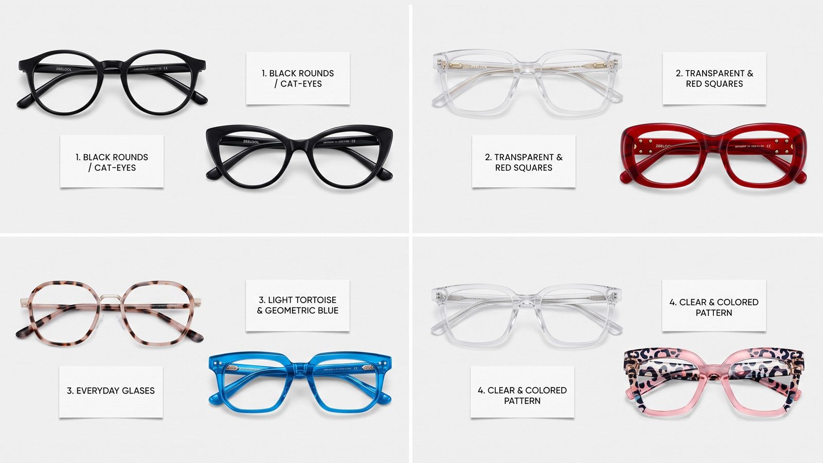 Four ways to pair everyday and statement glasses by color and shape