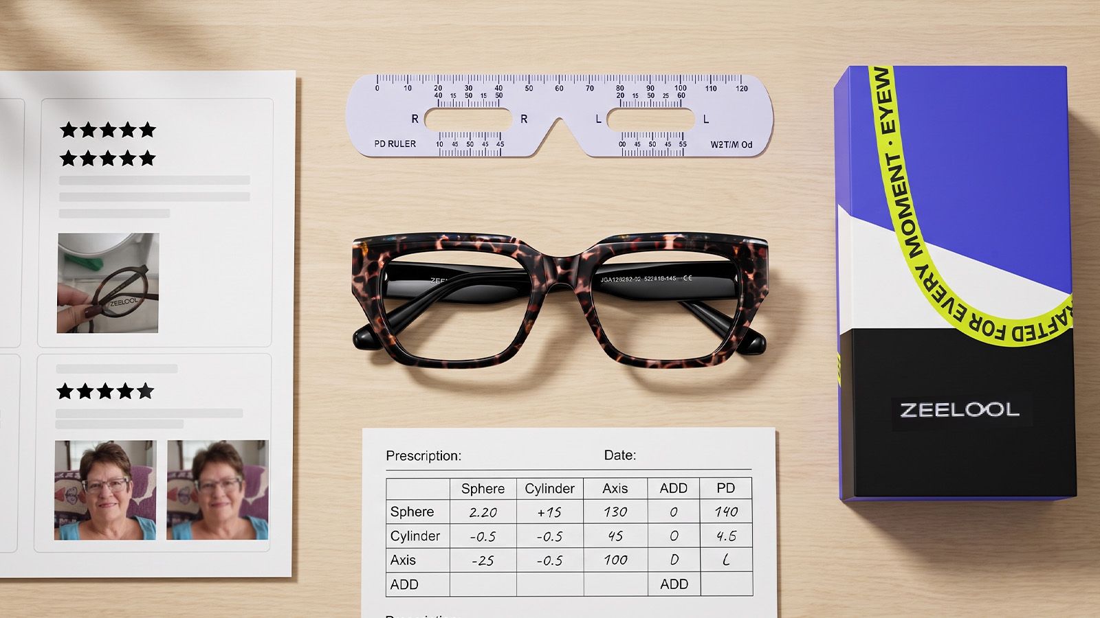 Glasses review checklist with frame measurements, prescription and return information