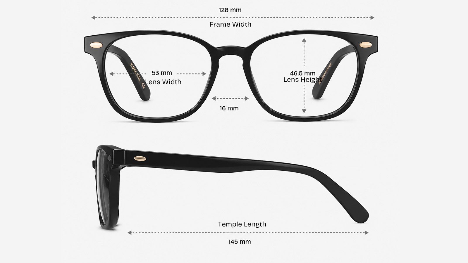Eyeglasses with arrows marking frame width, height, and temple depth