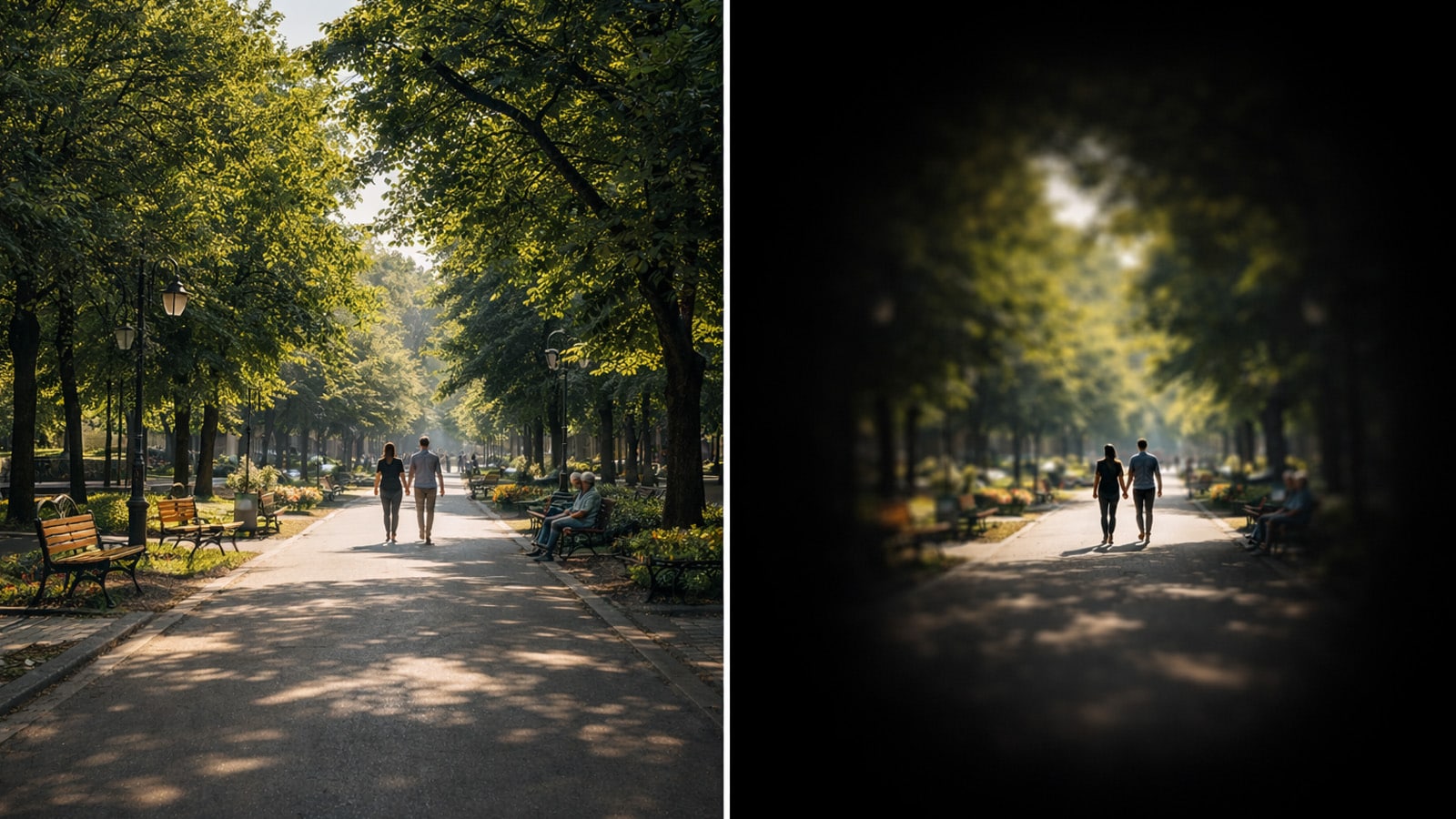 Side-by-side comparison showing normal vision and tunnel vision from advanced glaucoma in a park pathway scene.