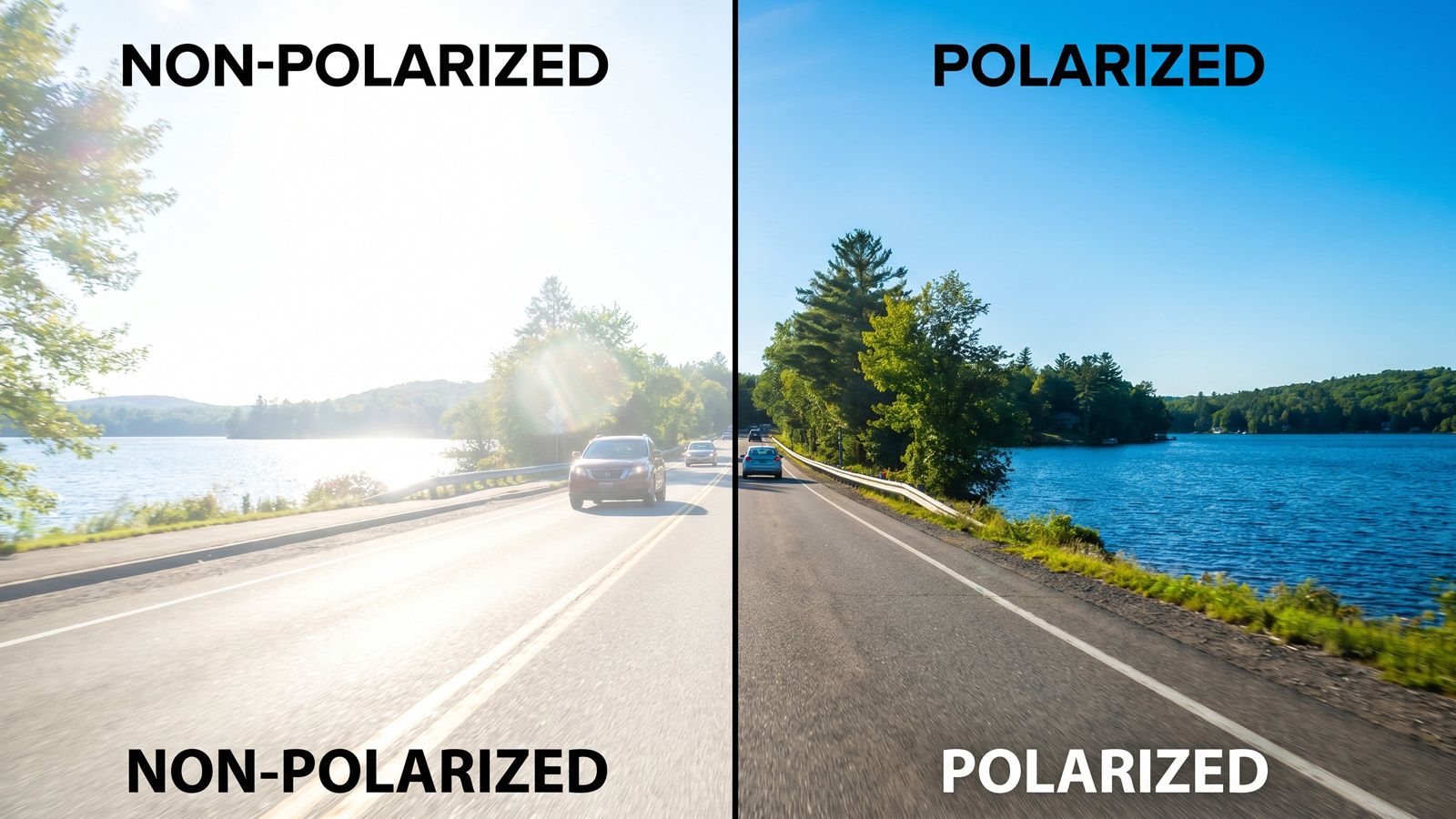 harsh glare without vs. clear vision with polarized lens