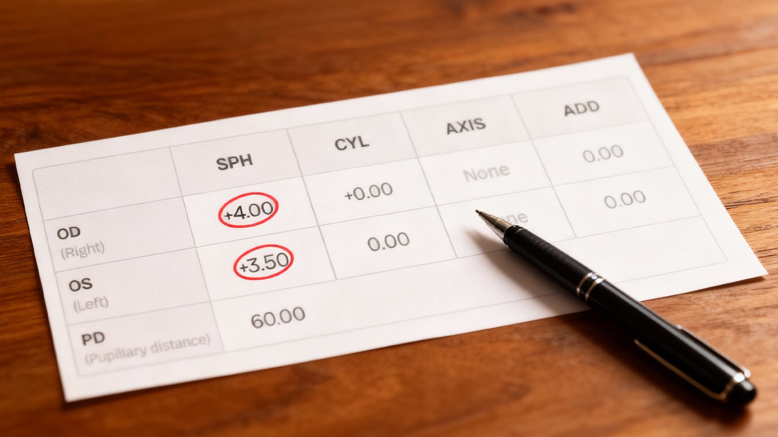 Eyeglass prescription highlighting +4.00 and +3.50 SPH for farsightedness correction in diopters.
