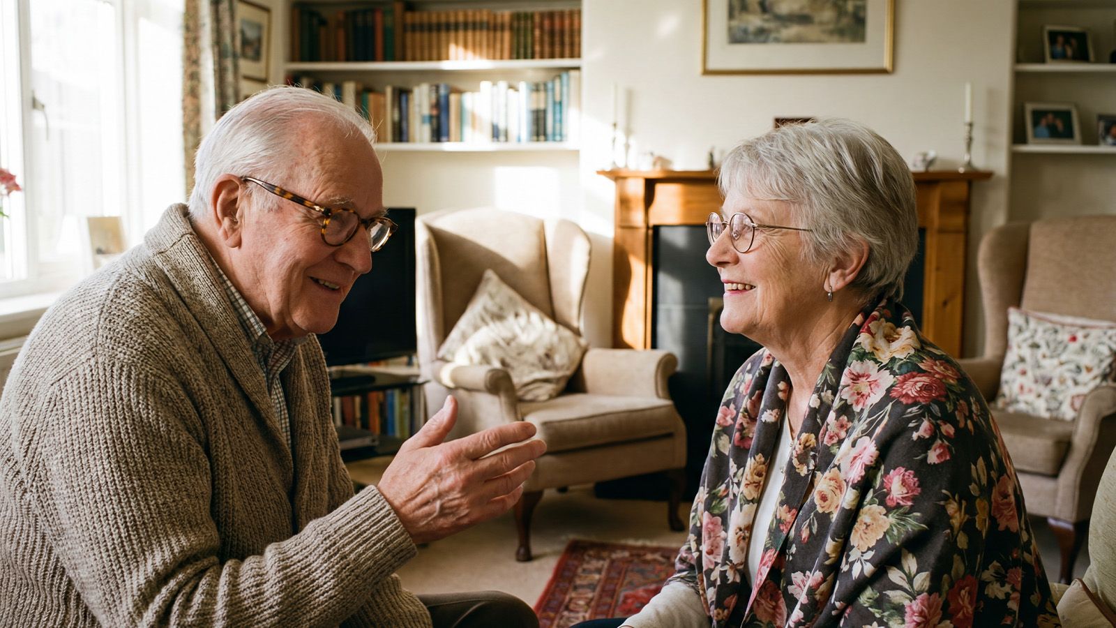 An older couple wearing comfortable eyewear while smiling and engaging in a warm conversation at home.