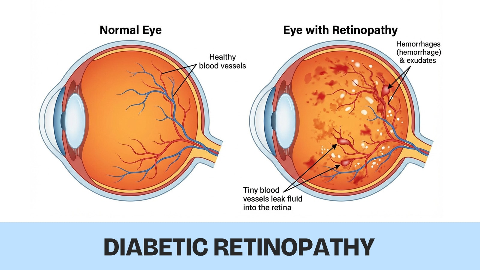 Illustration comparing the normal eye retina to the eye with diabetic retinopathy, showing hemorrhages and leaking vessels.
