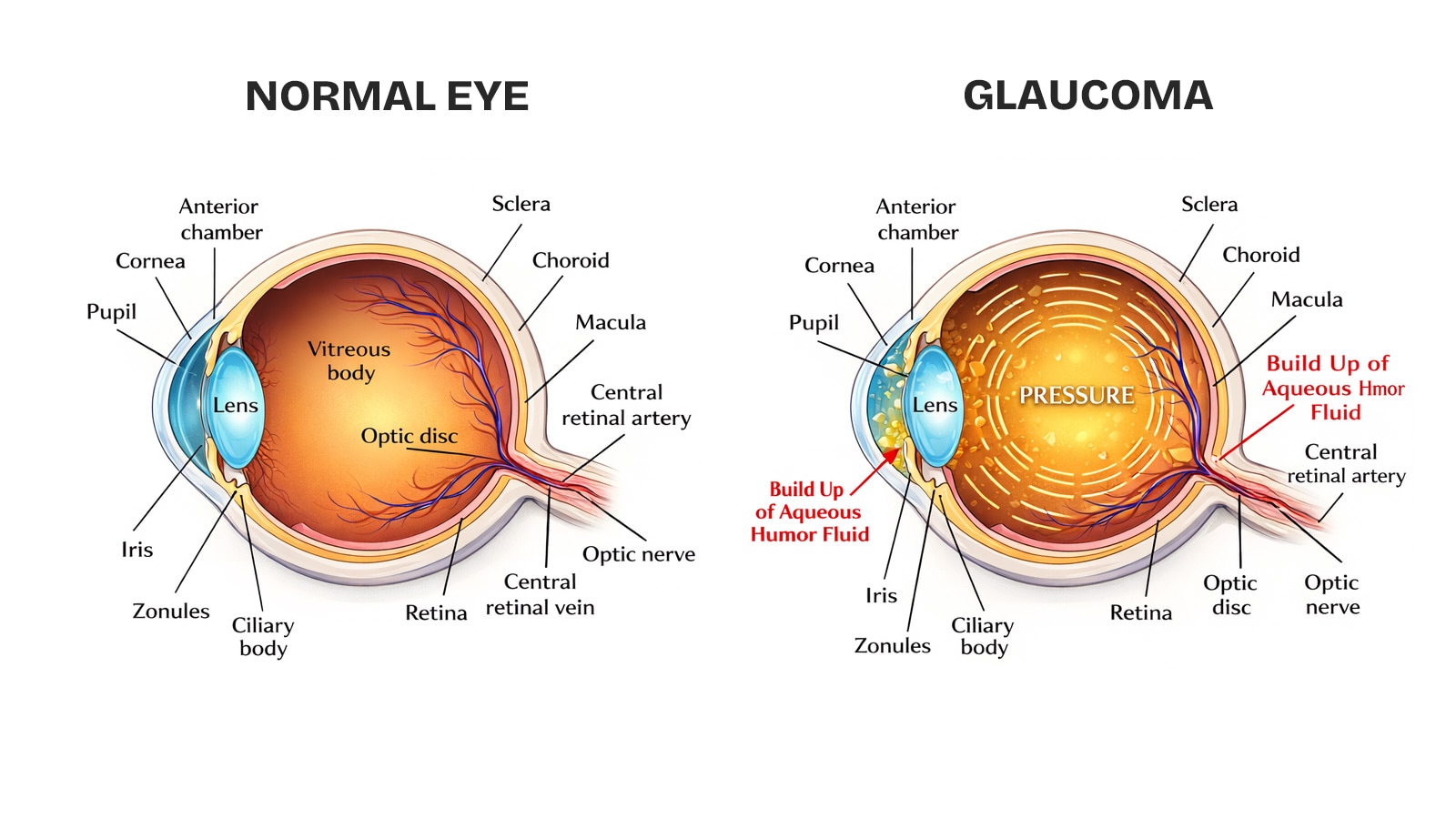 Illustration comparing normal eye anatomy to glaucoma-affected eye with buildup of aqueous humor and increased pressure damaging the optic nerve.