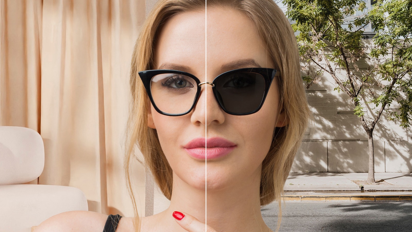 A split-screen image of a woman wearing photochromic glasses that are clear indoors and have transitioned to dark sunglasses outdoors.