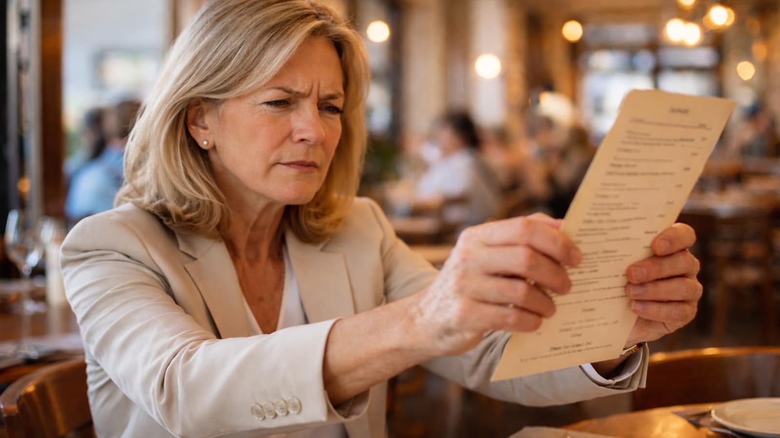 Middle-aged woman holding menu at arm's length in restaurant, illustrating common presbyopia symptoms like blurry near vision.