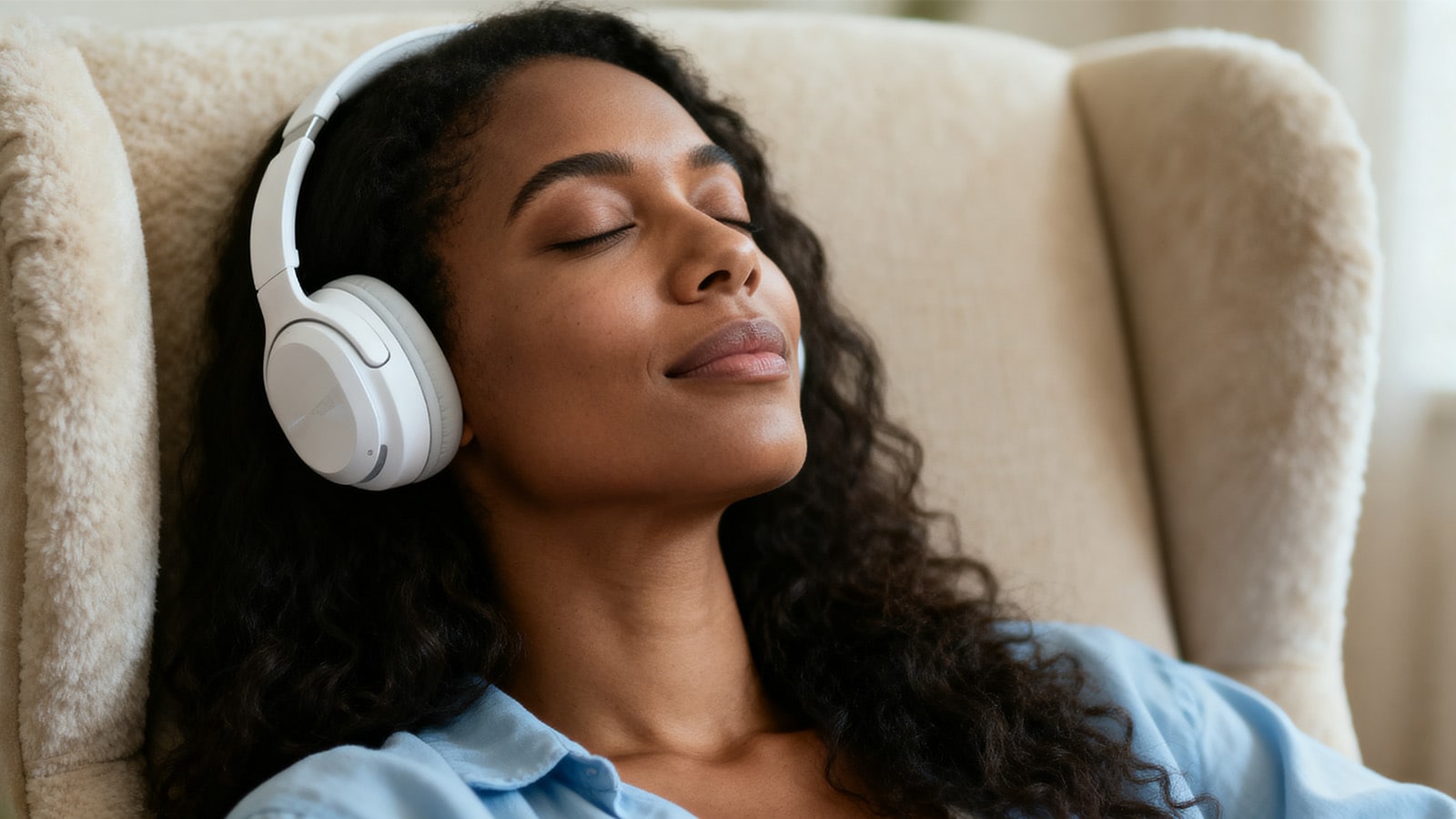 A woman relaxing peacefully with her eyes closed, demonstrating the importance of resting in a calm setting to recover from eye dilation.