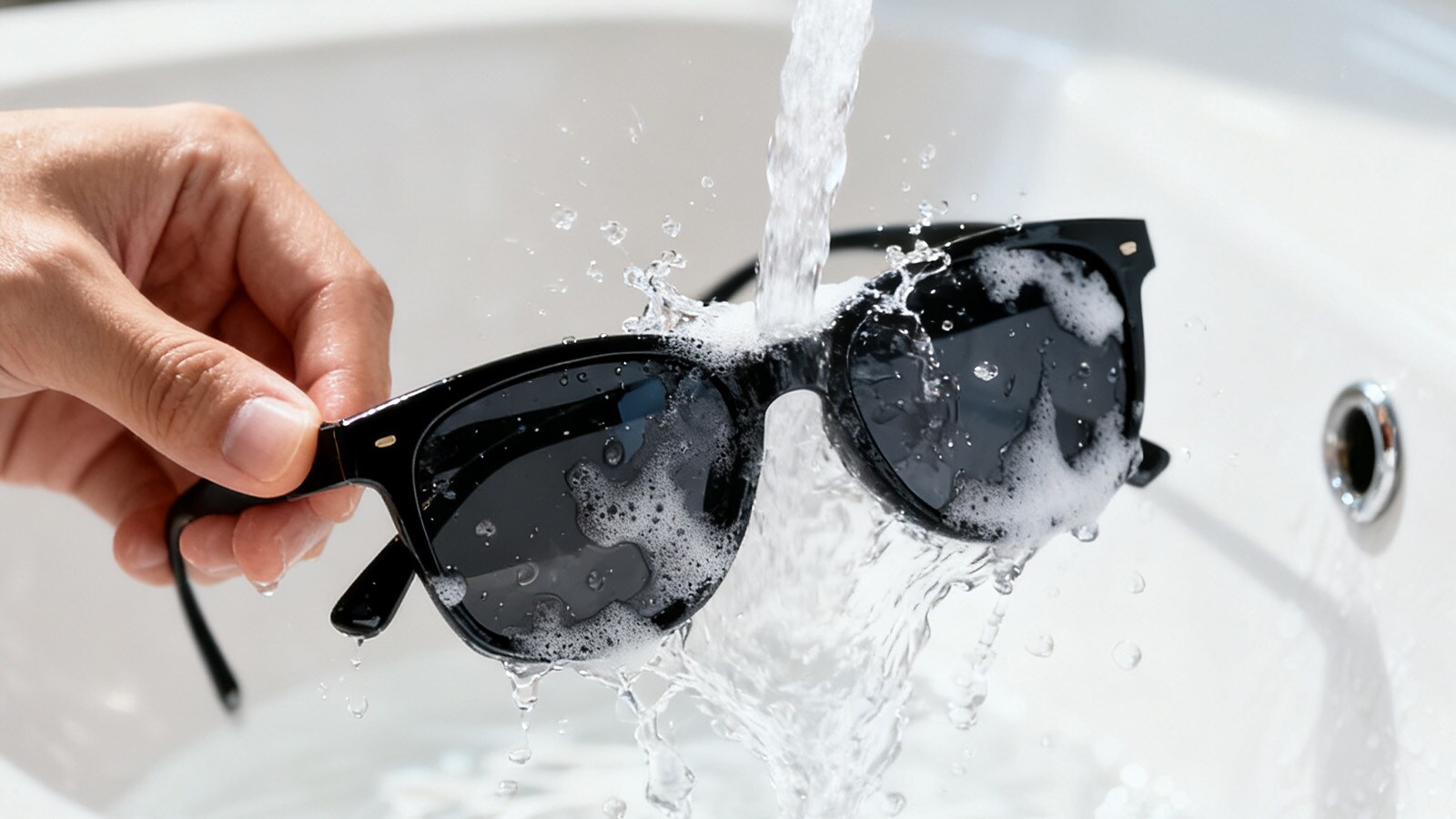 Rinsing soapy sunglasses under lukewarm water stream to remove dirt safely.