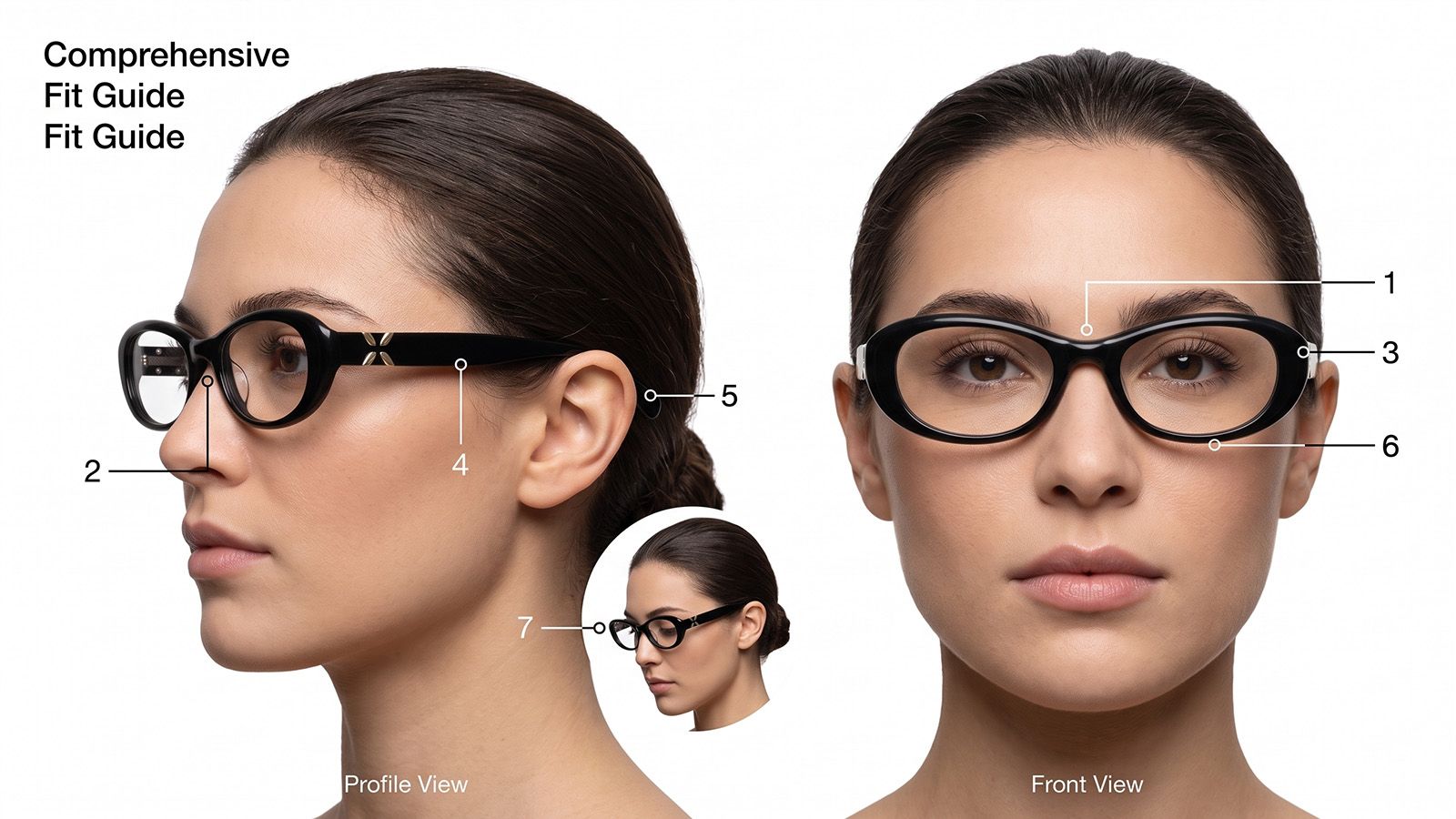 Seven-point glasses fit checklist shown from the front and side