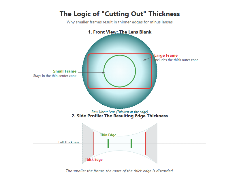 Diagram showing how smaller frames reduce edge thickness by discarding the thick outer zone of minus lenses.