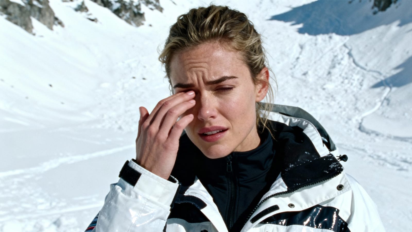 A skier rubbing her irritated eye, a common symptom of snow blindness or photokeratitis.