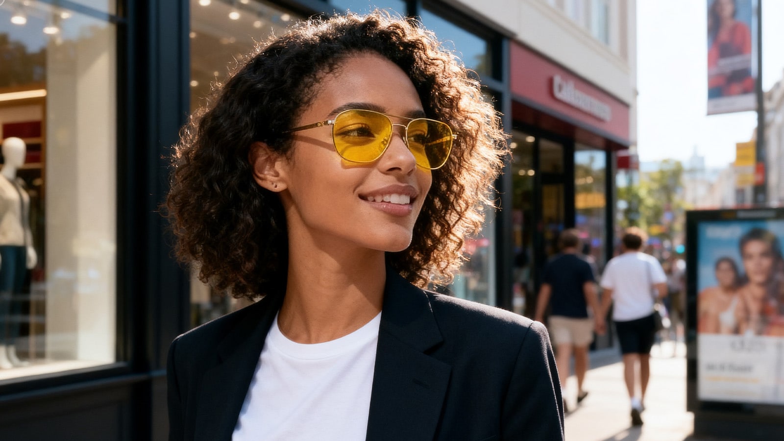 A fashionable woman on a city street styling yellow-tinted sunglasses, showing how they can be a chic, modern wardrobe accessory.